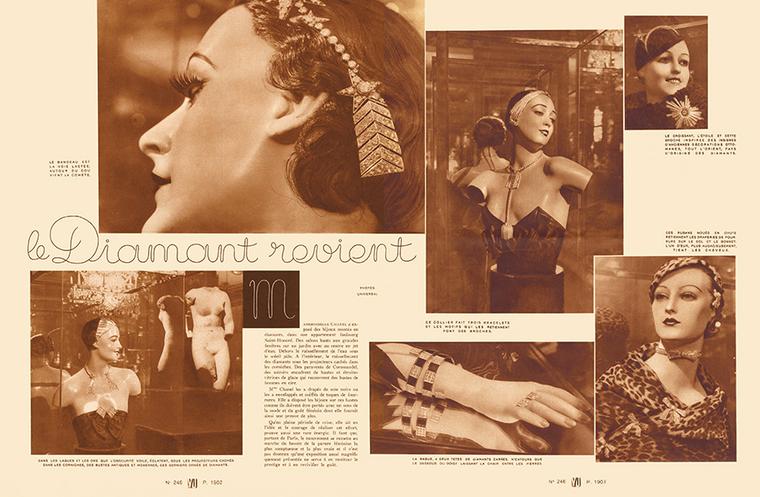 Spot the diamond stars in an article in 'VU' magazine from November 1932 covering Madame Chanel's Bijoux de Diamants exhibition in Paris.